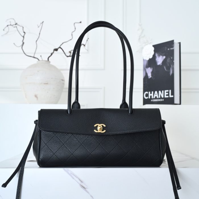 Chanel Women Black Baguette Shoulder Bag Grained Leather Luxury Designer Inspired Handbag